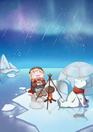 小男孩和北极熊在北极看极光