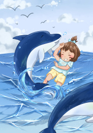 小女孩和海豚在海里玩耍