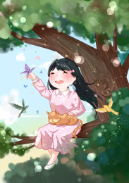 小女孩和猫咪小鸟在森林里玩耍