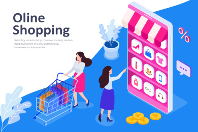 女性线上购物或手机购物概念，手机等距插画