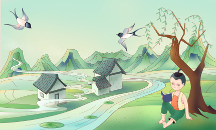 清明节儿童在河边柳树下看书中国风手绘插画