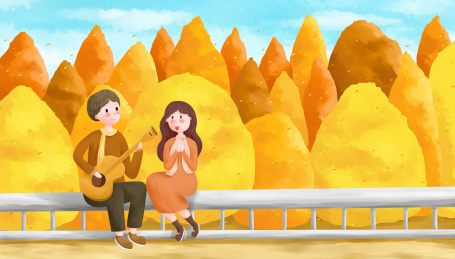 秋季金黄色树木前情侣坐在栏杆上弹吉他插画