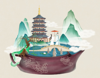 西湖微观场景之白蛇传手绘插画