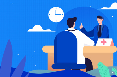 卡通手绘医疗男子体检问诊蓝色海报闪屏插画