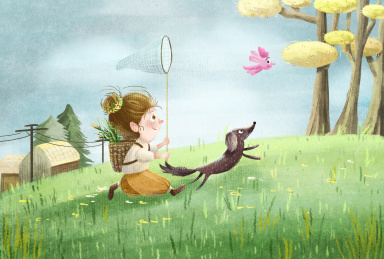 一个女孩和一只狗在草地上追鸟