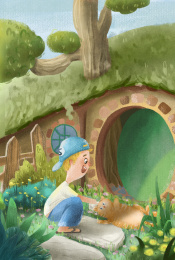 一个在门口花园逗猫的小孩