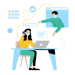 戴着口罩在家办公卡通插画