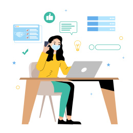 戴着口罩在家办公卡通插画