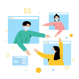 戴着口罩在家办公卡通插画