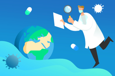  卡通手绘医生拿放大镜看地球插画