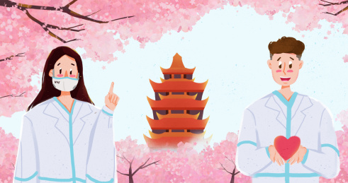 樱花树下的医护人员