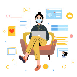 戴着口罩在家办公卡通插画