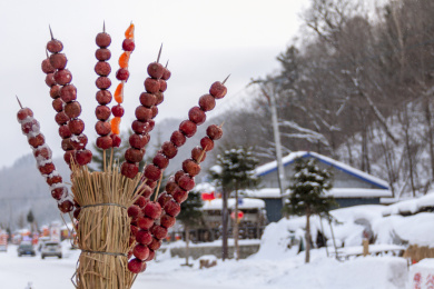 中国雪谷路边冰糖葫芦特写