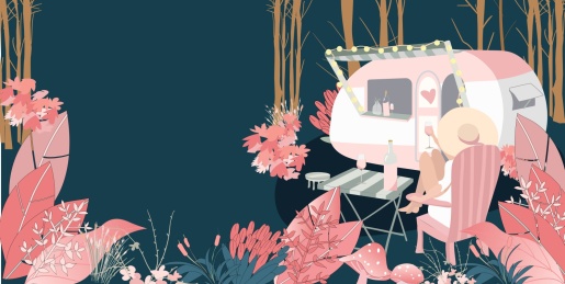 黑色森林里房车边喝着红酒的戴帽子的女孩