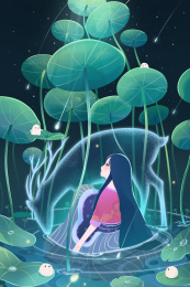 女孩坐在荷塘里