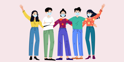 戴着口罩的青年男女卡通人物插画