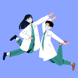 欢呼跳跃击掌的戴着口罩医生