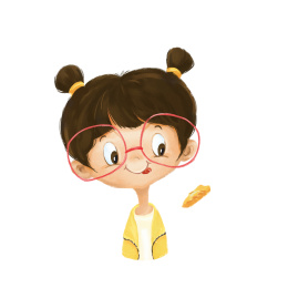 戴红色眼镜扎辫子吃鸡翅黄衣女孩