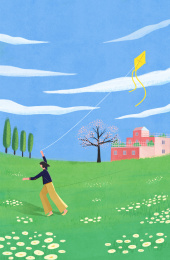 春天在草地上放风筝的女孩插画