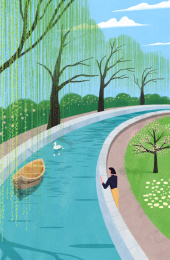 在小河旁柳树下休闲的女孩插画