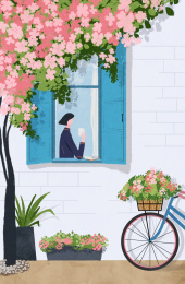 窗前鲜花旁休闲的女孩插画