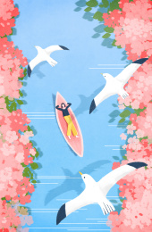 一个女孩躺在鲜花环绕的小船上看着天空插画