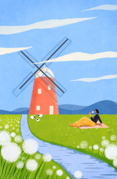 蓝天白云下小河旁风车前休闲的女孩插画