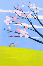 春天草地上骑车郊游的女孩插画