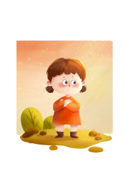 穿橘红色裙子的小女孩