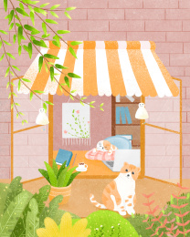 猫咪坐在窗户上看窗外的风景手绘插画
