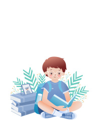 春天男孩坐在书堆旁看书的开学季教育插画