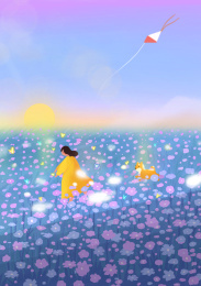 在花田里放风筝的小女孩