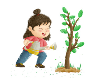 给小树浇水的小姑娘