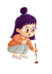 用树枝观察瓢虫的小姑娘