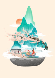 中国古风水墨微观山水场景女孩满载一船鲜花