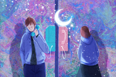 情侣月色下打电话小清新插画