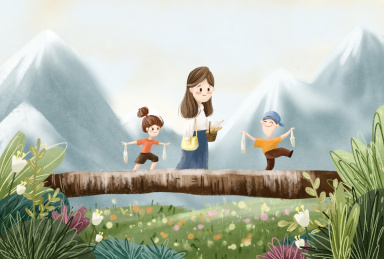 妈妈带着孩子在户外