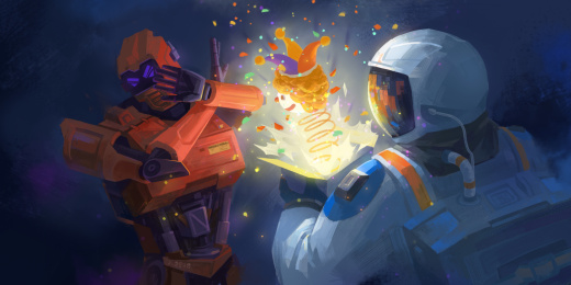 宇航员送机器人愚人节礼物的插画