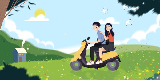 骑电瓶车在户外活动郊游踏青的情侣