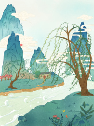 手绘中国风山水节气插画