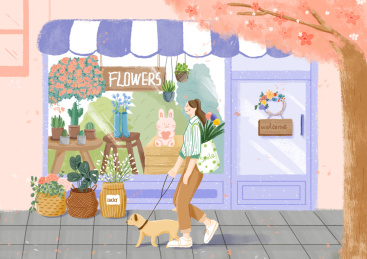 女生遛狗走在花店门外