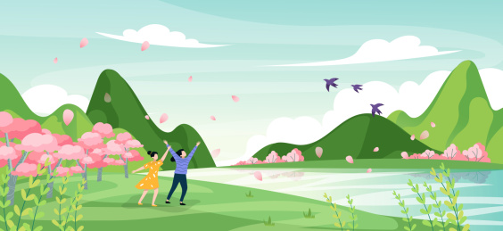 清明湖边樱花风景插画