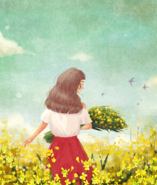 春天里摘油菜花的女孩