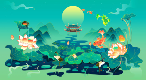 国潮端午荷花池锦鲤粽子插画