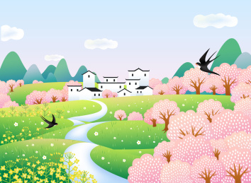 春天油菜花樱花盛开的美景插画