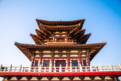 春天下午河北唐山南湖龙山古代建筑