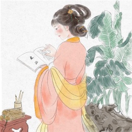 红衣女子站在庭院读史记