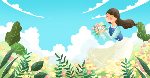 女孩手捧着花束站在夏天的花海里