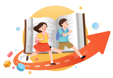 两个学生在书本和箭头上向前奔跑