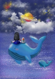 手绘插画梦蓝时见鲸